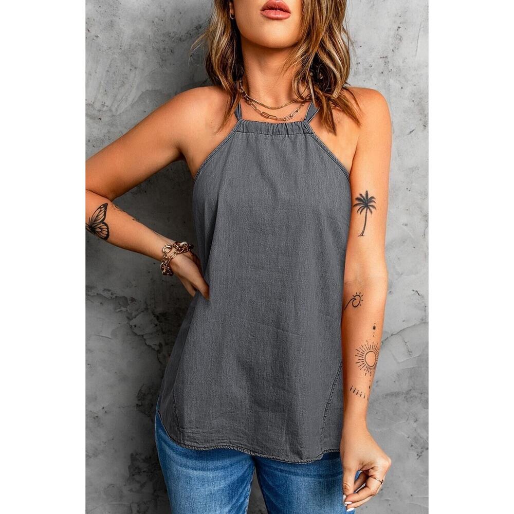 Flygo Womens High Neck Halter Tank In Denim Black‎ Size 2XL NWT